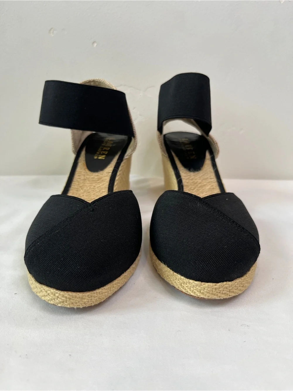 Lauren Ralph Lauren Charla Espadrille Wedge Sandals Black Ankle Strap Size 7.5B